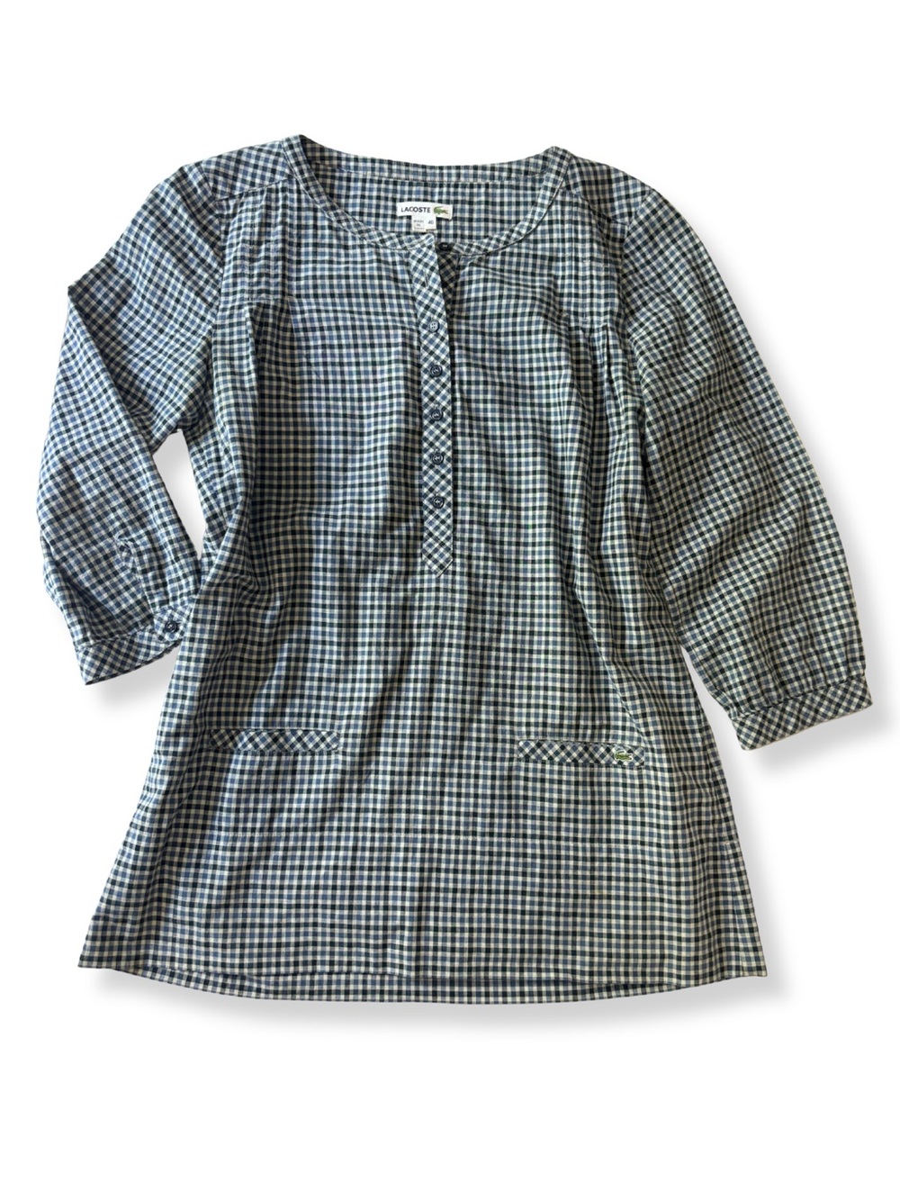 Lacoste Women’s Size 40 Blue Gingham Check 3/4 Sleeve Tunic Blouse Crocodile